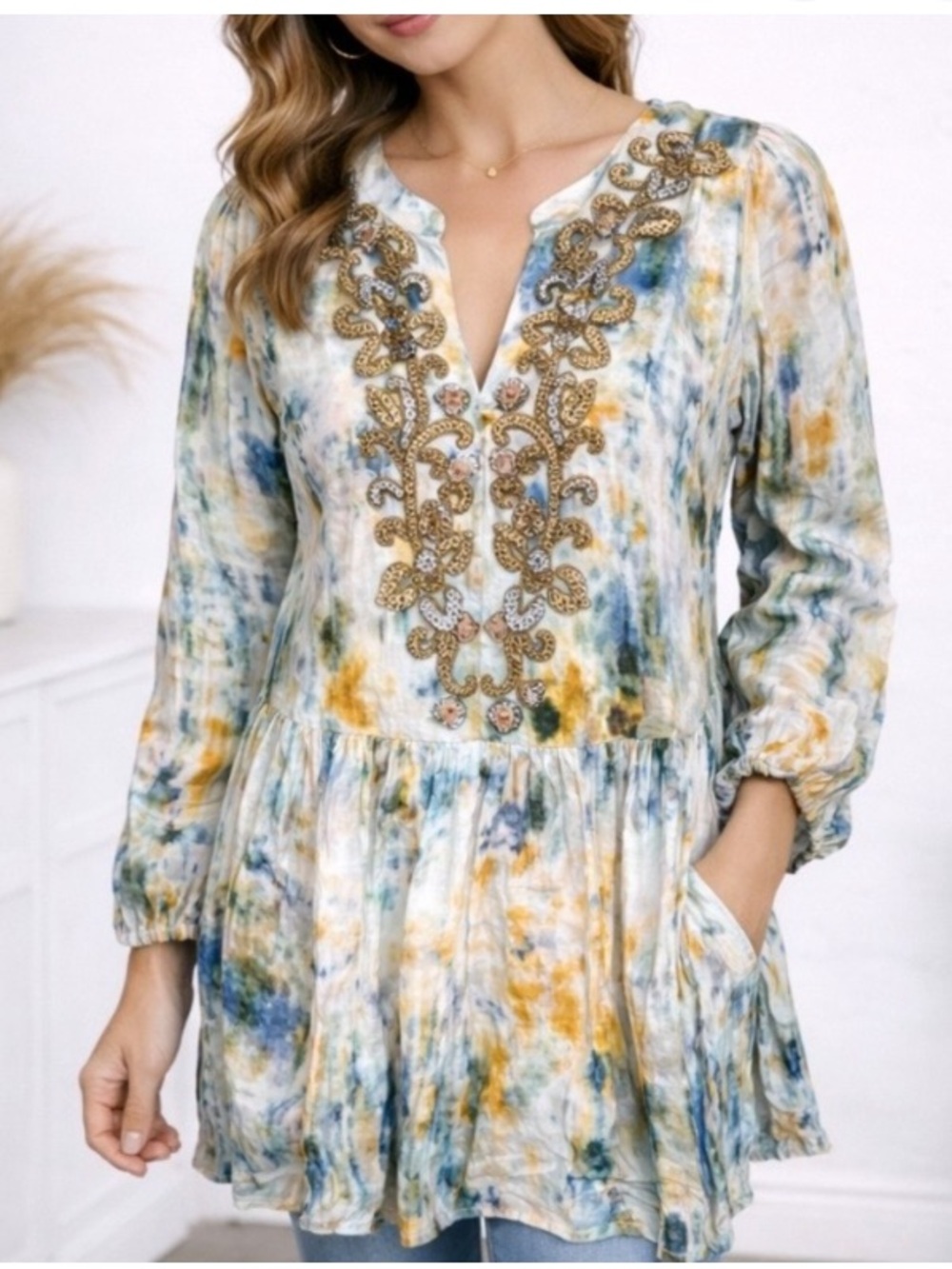 Soft Surroundings Watercolor Beaded Embellished Peplum V-Neck Tunic